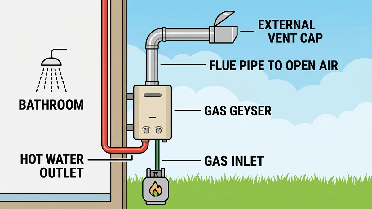 Safe gas geyser installation outside the bathroom with a flue pipe to open air