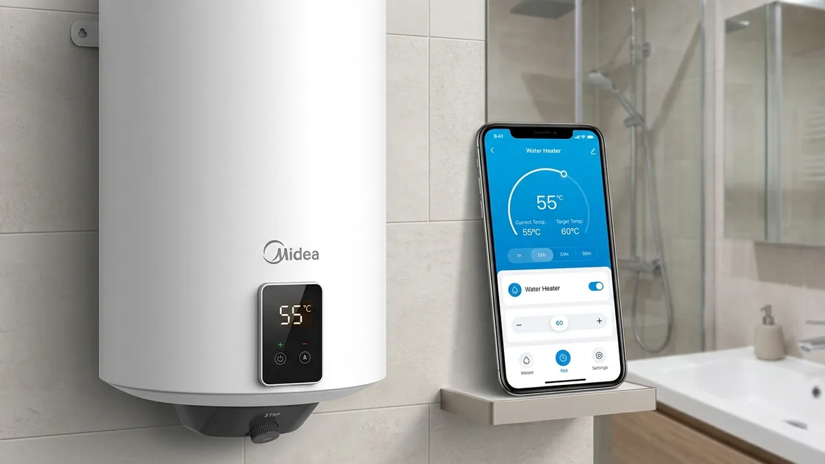 Midea smart electric geyser with heating temperature set on a phone app